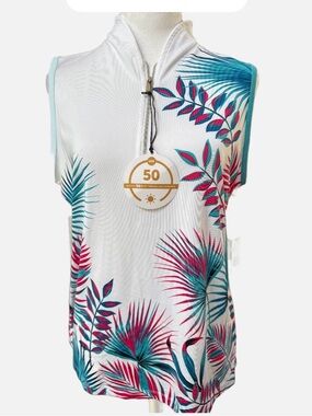 Tail White Turquoise Pink Tropical Print Sleeveless golf tennis top